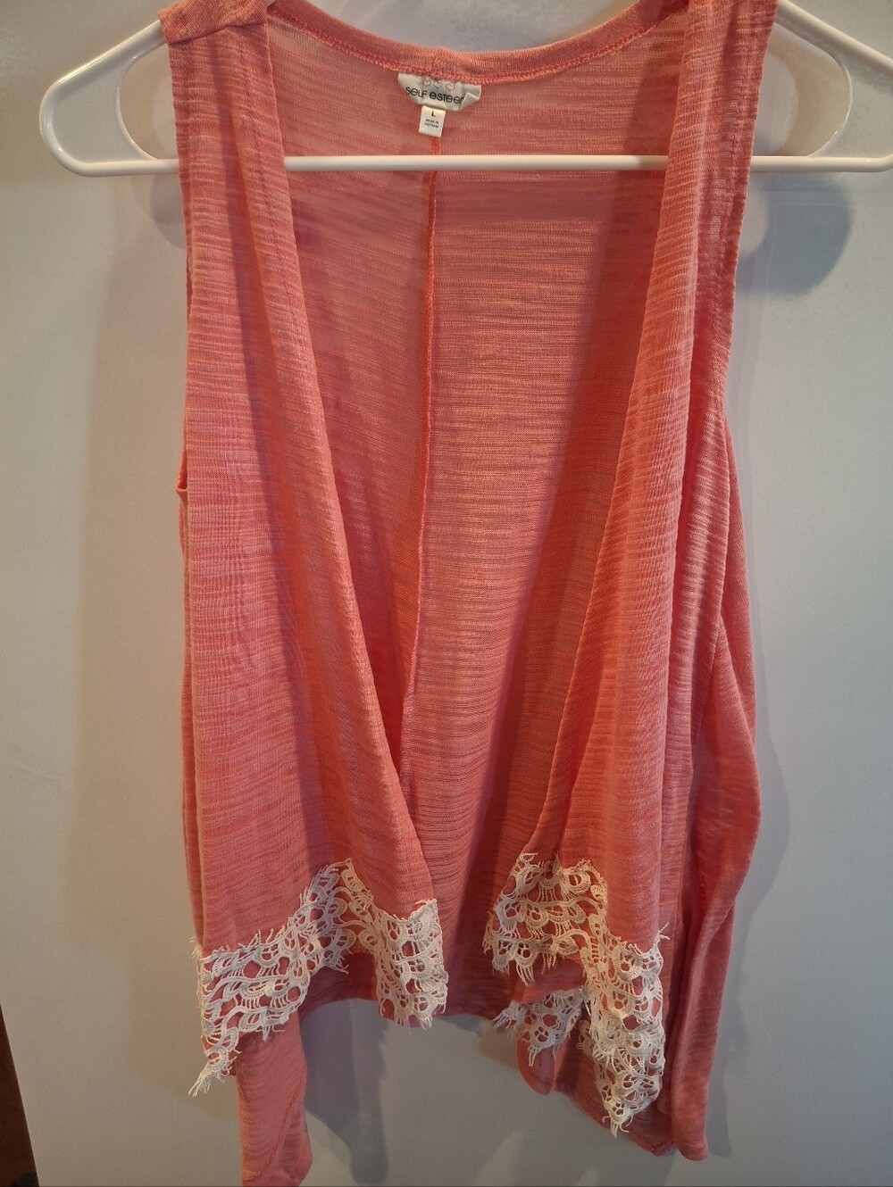Self Esteem Coral Pink Sleeveless Draped Camisole with White Lace Trim